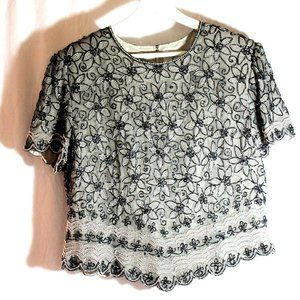 Vintage Papell Boutique Evening Blue Gray Silk Beaded Top XL